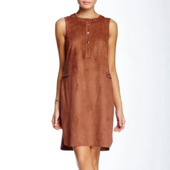1. State Sleeveless Brown Faux Suede Henley Dress‎ Size Small - Picture 1 of 11